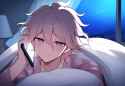 1boy, solo, bedroom, bed, on bed, pajamas, talking on phone, komaeda nagito, dan s-2889858049