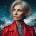 a short blonde haired mature woman wearing red jacket while staring at a Starfield