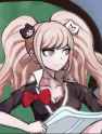 junko holding a newspaper looking up with a face of disbelief