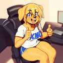 1girl, dog girl, golden retriever, furry, thumbs up, looking at viewer, sitting s-1046317594