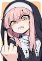 1girl, nun, pink hair, yellow eyes, long hair, disgust, middle finger, s-3955527882