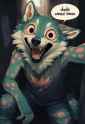 an anthro wolf with green fur and pink polka dots on his fur, solo, fur dataset, s-1056580978