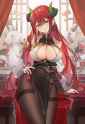 1girl, red theme, red hair, long hair, straight hair, thighband pantyhose, high s-3334714546