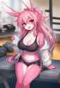 female, solo, pink fur, species_rabbit, large breasts, pink hair, hair bow, smil s-753739358