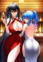 2girls, indoors, wine bottle, bar (place), straight-on, s-1814655175