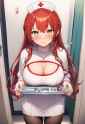 1girl, holding tray, standing, indoors, straight-on, looking at viewer, large br s-1280588855