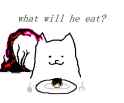 the annoying dog from undertale sits in front of a plate. sunny&#039;s head from omori lays on it, and a tree from which his head was plucked from is behind the dog.