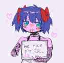 [www.bury.pink] bow red_bow green_eyes bury_pink english_text blue_hair pink_skin upper_body hair_bow blush heart open_mouth furrowed_brow pointing sign short_hair be_nice no_sclera cyan_eyes dithering fishnet_sleeves 
