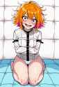 1girl, crazy eyes, short hair, messy hair, orange hair, bright pupils, red eyes, s-285483409