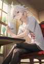 1boy, solo, komaeda nagito, danganronpa (series), indoors, sitting, from below, s-1064292385