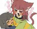 cat chara holds blushing frisk