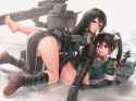 yande.re 821696 ass chikuma_(kancolle) feet k_jie kantai_collection nopan thighhighs tone_(kancolle) uniform weapon wet yuri