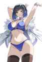 gelbooru.com 9931167 1girl alternate_costume armpits arms_up bikini black_hair black_thighhighs blue_bikini full