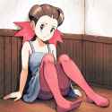 1girl, pokemon, roxanne (pokemon), sitting, against wall, wooden floor, pink pan s-1136161538