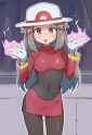 leaf (pokemon), kamidan, wagashi (dagashiya), blush, standing, cowboy shot, {{sa s-2610413136