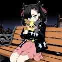 hatching (texture), city, sitting, bench, 1girl, marnie (pokemon), morpeko, anim s-3454906578