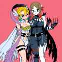 hatching (texture), 2girls, large breasts, bursting breasts, _ girl, briar (poke s-2093445920