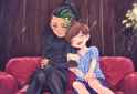 1girl, 1boy, couch, sitting, hug, arm hug, against wall, living room, Nemona (po s-102120738
