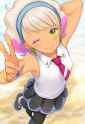 1girl, Peonia (pokemon), sleeveless, peace sign, hand on own head, leg up, stan s-616329048