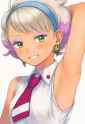 1girl, Peonia (pokemon), sleeveless, hand behind head, armpit, close-up, neckti s-2621474811