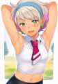 1girl, Peonia (pokemon), sleeveless, hands behind head, armpit, sweat, very swe s-51382021