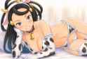 1girl, Dahlia (pokemon), nsfw, cow print bra, cow print panties, elbow gloves, t s-2138302
