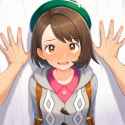 1girl, Gloria (pokemon), grey coat, open mouth, wavy mouth, against wall, kabedo s-2917001960