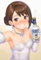 1girl, Gloria (pokemon), drunk, blush, evening gown, hair bun, messy hair, looki s-2961813663