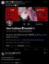 Screenshot 2025-05-15 at 21-23-02 Mori Calliope💀holoEN on X @rayotsuka nice to meet you!! } I’m cheering for your success! _ X