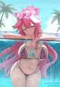 gelbooru.com 12241826 1girl animal_ears bare_shoulders bikini blue_sky blush breasts closed_mouth cloud full