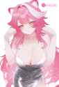gelbooru.com 12197606 1girl animal_ears blush breasts cleavage collarbone dress glitter_dress grey_dress full