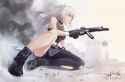 Konachan.com - 319111 aircraft aliasing boots breasts catgirl cleavage gray_eyes gray_hair gun hololive long_hair necklace signed skirt skyrail tail watermark weapon