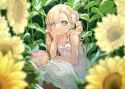 Konachan.com - 331147 agnamore blonde_hair bow cat_smile dress flowers green_eyes loli long_hair original shade summer summer_dress sunflower twintails