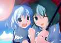 Konachan.com - 58585 blue_hair blush cirno green_hair short_hair tatara_kogasa touhou umbrella