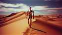 old 80s film 35mm photo, shiny gold humanrobot walking on desert dunes