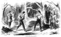 Two men engaged in a duel with Bowie knives, Line engraving, American, c1865