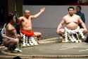 Apr . 24th 1988, kanreki dohyo-iri of Wakanohana I (Futagoyama rijicho) in the kokugikan, with his 2 yokozuna deshi as attendants, tachimochi Wakanohana II (Magaki), tsuyuharai Takanosato (Naruto)
