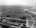 The Ryogoku neighborhood after the 1944 air raid. The Kokugikan is seen between the Ryōgoku Station and the Ryōgoku Bridge